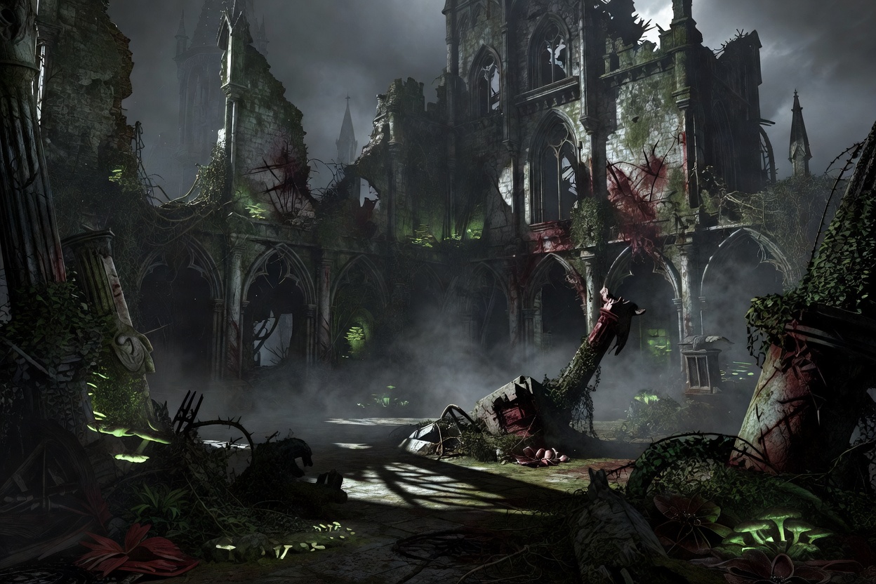 Dark gothic ruin representing Resident Evil 4 atmosphere