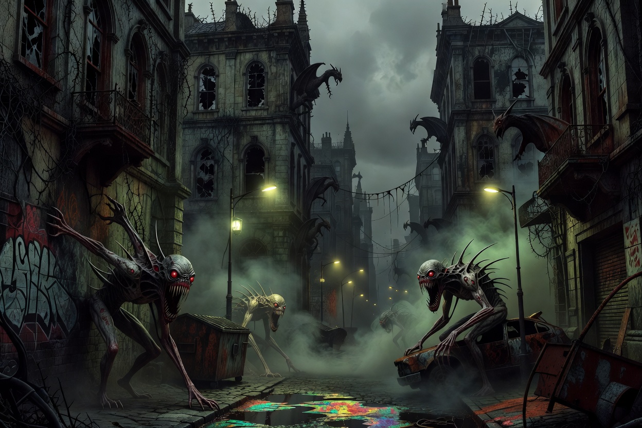 Gothic urban nightmare aesthetic representing Slitterhead