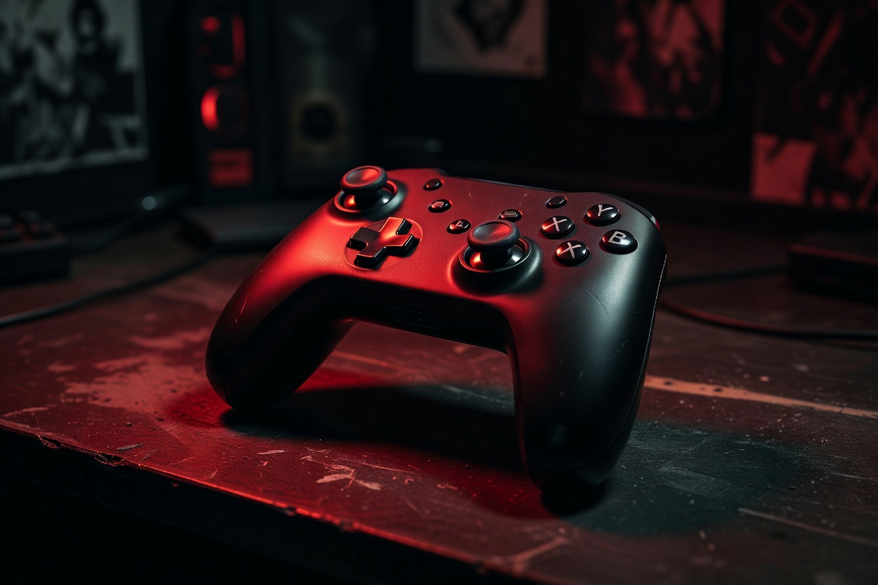 Modern gaming controller illuminated in red light for top horror 2026 feature