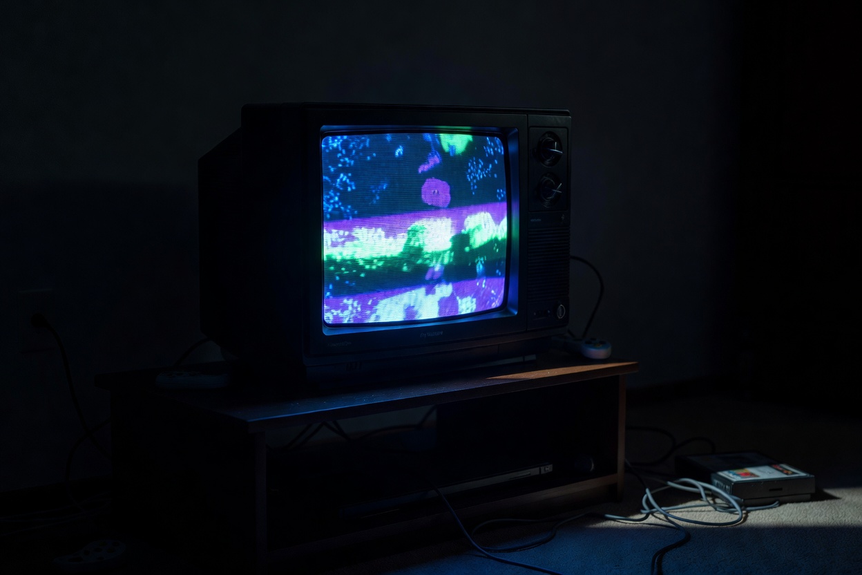 Retro television glowing in dark room for PS horror evolution article